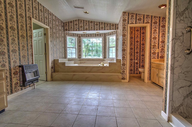 full bathroom with toilet, wallpapered walls, visible vents, and lofted ceiling