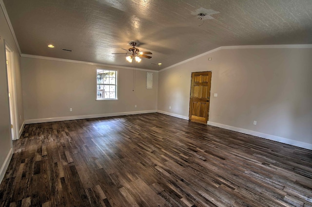 unfurnished room featuring crown molding, dark wood-style flooring, a ceiling fan, and baseboards