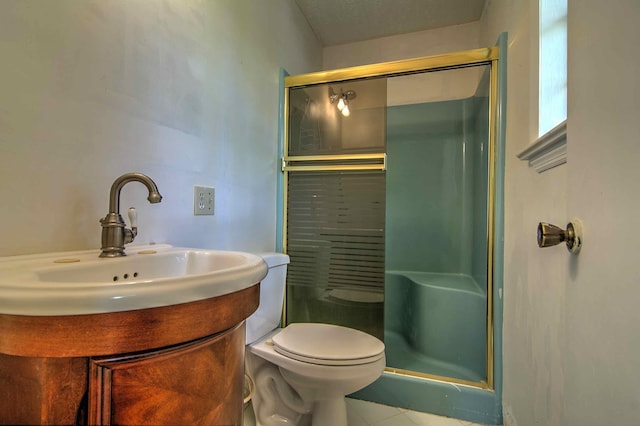 bathroom with tile patterned floors, a stall shower, and toilet