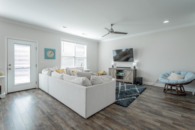 1826 Seven Pines Ln, Chattanooga, TN 37415 - living room featuring dark wood-style floors, ornamental molding, a ceiling fan, recessed lighting, and baseboards