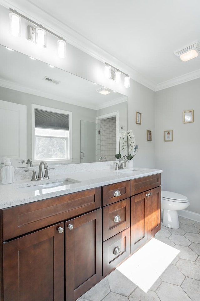 1826 Seven Pines Ln, Chattanooga, TN 37415 - full bathroom with crown molding, a shower with shower door, toilet, and double vanity