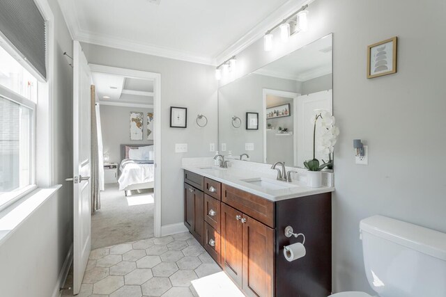 1826 Seven Pines Ln, Chattanooga, TN 37415 - ensuite bathroom featuring plenty of natural light, ornamental molding, toilet, double vanity, and tile patterned floors