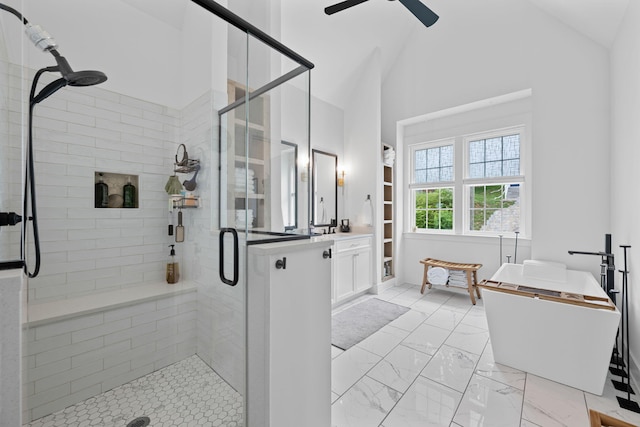 613 Ladd Ave, Chattanooga, TN 37405 - full bath with ceiling fan, lofted ceiling, a soaking tub, and a shower stall
