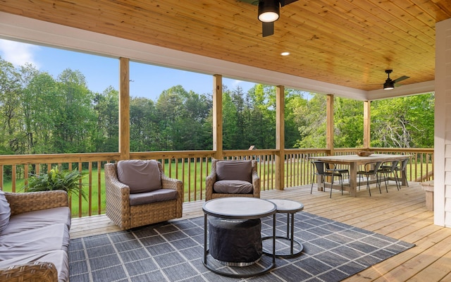 6949 Sawyer Rd, Signal Mountain, TN 37377 - wooden terrace with a ceiling fan, outdoor dining area, and view of scattered trees