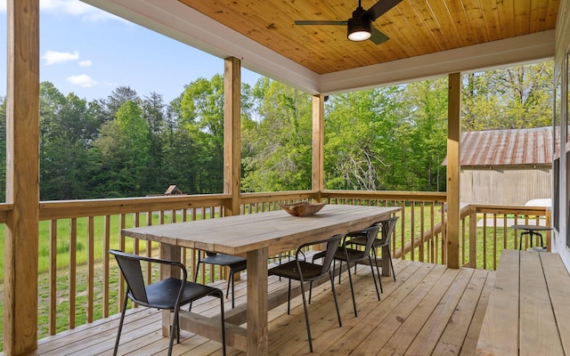 6949 Sawyer Rd, Signal Mountain, TN 37377 - wooden deck featuring ceiling fan, outdoor dining area, and a lawn