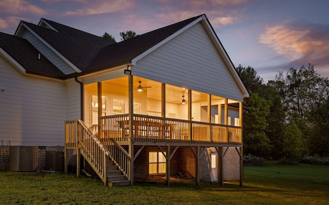 6949 Sawyer Rd, Signal Mountain, TN 37377 - back of house with a lawn, a ceiling fan, stairway, a deck, and roof with shingles