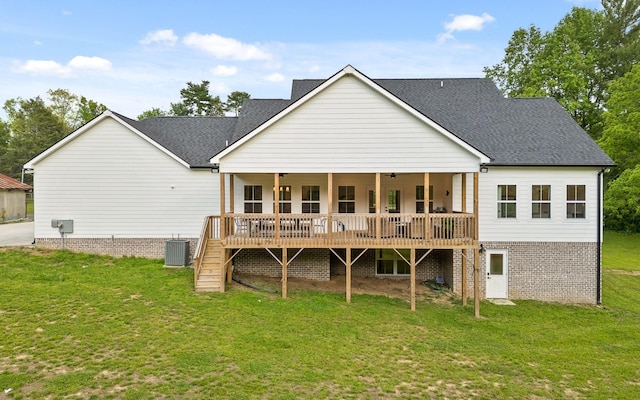 6949 Sawyer Rd, Signal Mountain, TN 37377 - back of house featuring a yard, stairway, roof with shingles, and a wooden deck