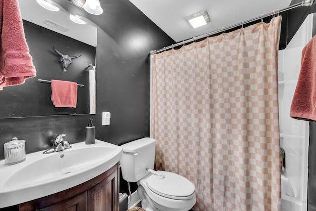 bathroom with toilet, visible vents, shower / bathtub combination with curtain, and vanity
