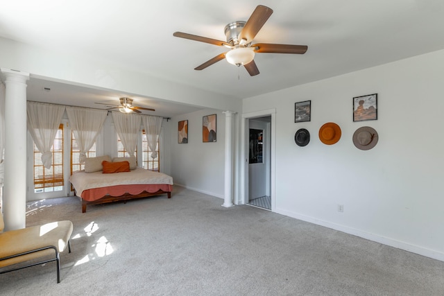 225 Hemphill Ave, Chattanooga, TN 37411 - carpeted bedroom with baseboards, a ceiling fan, and decorative columns