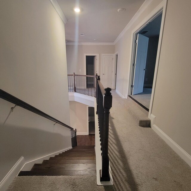 9573 Hastings Way, Ooltewah, TN 37363 - stairs featuring carpet flooring, baseboards, and ornamental molding