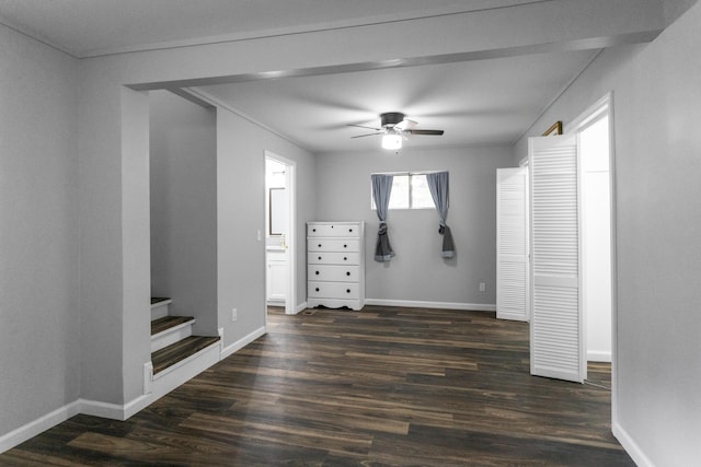 1204 N Long Hollow Rd, Chickamauga, GA 30707 - empty room with dark wood-type flooring, a ceiling fan, stairway, and baseboards