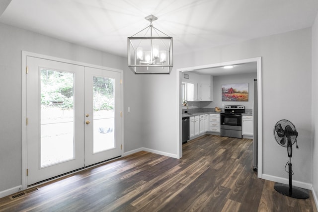 1204 N Long Hollow Rd, Chickamauga, GA 30707 - kitchen featuring stainless steel range with electric cooktop, dishwashing machine, french doors, dark wood-style flooring, and white cabinetry