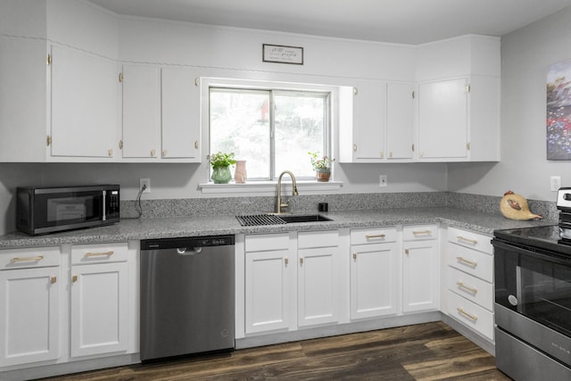 1204 N Long Hollow Rd, Chickamauga, GA 30707 - kitchen featuring stainless steel appliances, a sink, white cabinets, dark wood-style floors, and crown molding