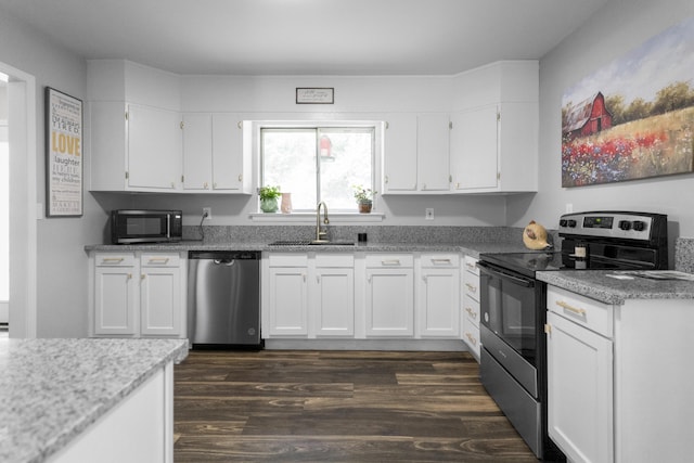 1204 N Long Hollow Rd, Chickamauga, GA 30707 - kitchen featuring stainless steel appliances, a sink, dark wood-style flooring, white cabinets, and light stone counters