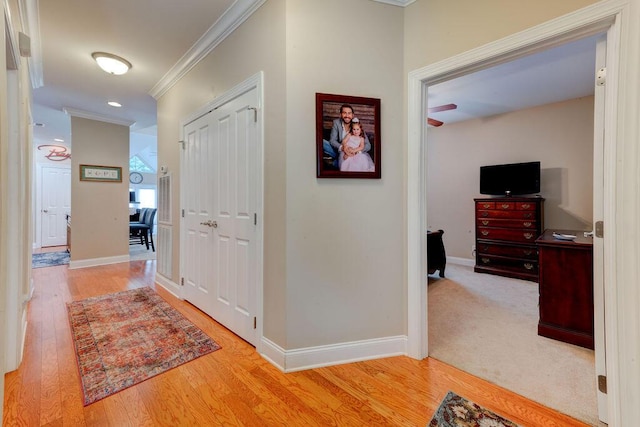 hall featuring crown molding, baseboards, and wood finished floors