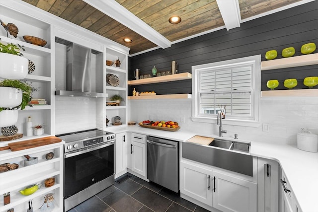 332 Oliver St, Chattanooga, TN 37405 - kitchen featuring open shelves, stainless steel appliances, wall chimney range hood, wooden ceiling, and dark tile patterned floors