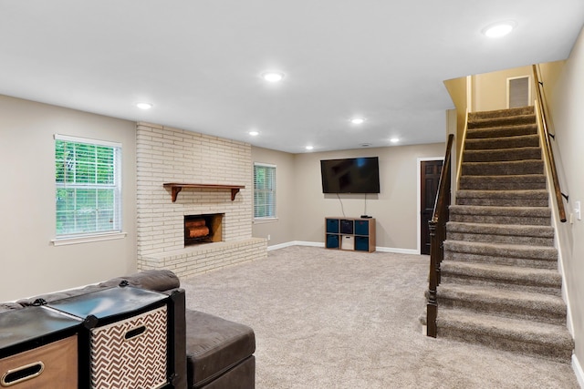 living room with recessed lighting, baseboards, visible vents, stairs, and carpet floors
