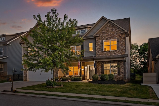 9726 Haven Port Ln, Ooltewah, TN 37363 - craftsman inspired home with concrete driveway, a garage, stone siding, and a lawn