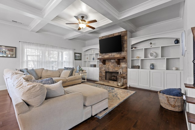 9726 Haven Port Ln, Ooltewah, TN 37363 - living room with visible vents, a fireplace, ceiling fan, dark wood-style floors, and coffered ceiling