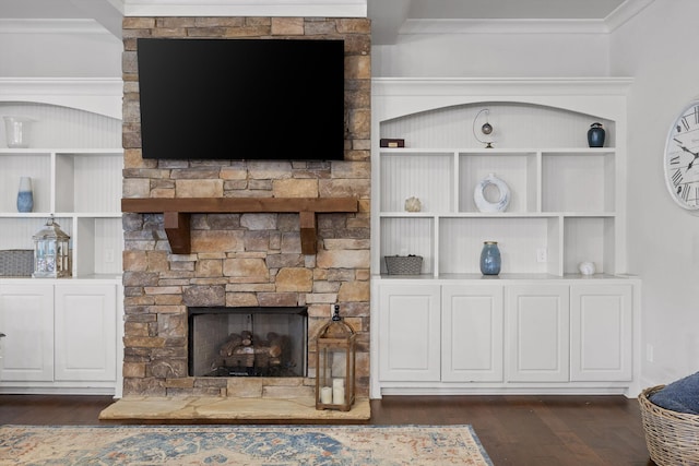 9726 Haven Port Ln, Ooltewah, TN 37363 - living area with a stone fireplace, built in features, and dark wood-type flooring