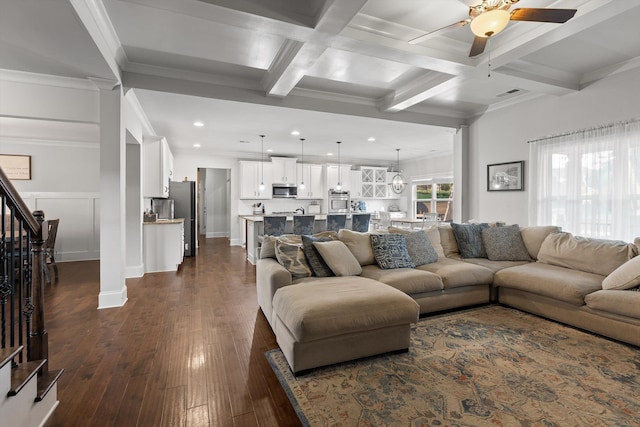 9726 Haven Port Ln, Ooltewah, TN 37363 - living room with a ceiling fan, coffered ceiling, beam ceiling, visible vents, and dark wood-type flooring