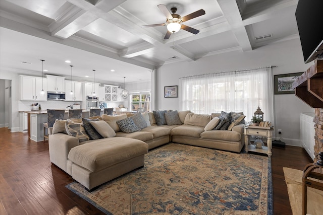 9726 Haven Port Ln, Ooltewah, TN 37363 - living area with beam ceiling, dark wood-type flooring, and a ceiling fan