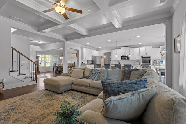 9726 Haven Port Ln, Ooltewah, TN 37363 - living area with beam ceiling, wood finished floors, visible vents, recessed lighting, and a ceiling fan
