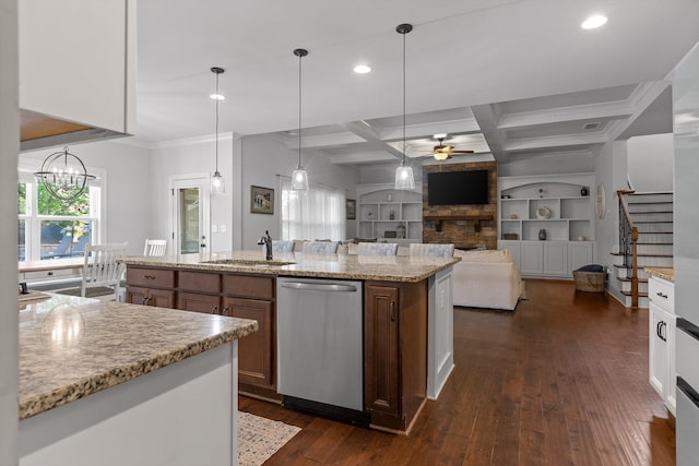 9726 Haven Port Ln, Ooltewah, TN 37363 - kitchen with a sink, ceiling fan with notable chandelier, dark wood-type flooring, recessed lighting, and stainless steel dishwasher