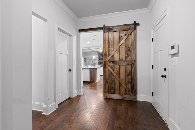 9726 Haven Port Ln, Ooltewah, TN 37363 - corridor featuring baseboards, dark wood-style flooring, crown molding, and a barn door