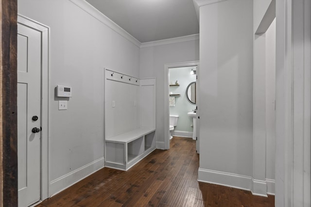 9726 Haven Port Ln, Ooltewah, TN 37363 - mudroom with crown molding, dark wood-style flooring, and baseboards