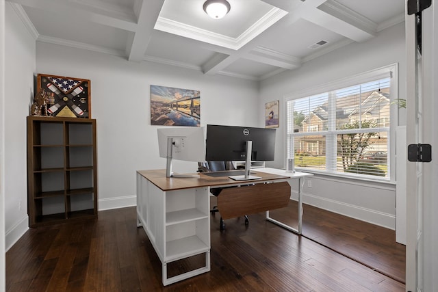 9726 Haven Port Ln, Ooltewah, TN 37363 - office space featuring coffered ceiling, dark wood finished floors, visible vents, and beam ceiling