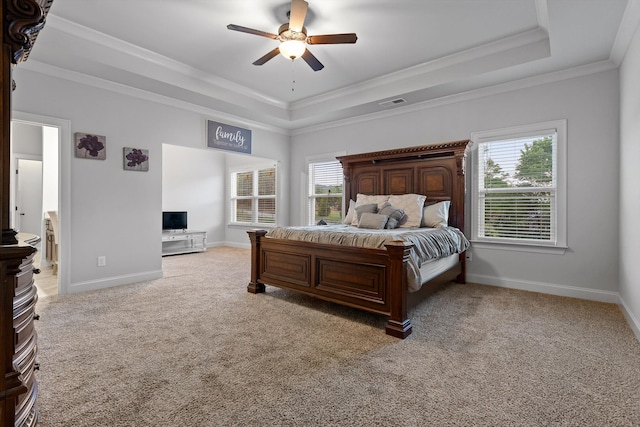 9726 Haven Port Ln, Ooltewah, TN 37363 - bedroom featuring visible vents, baseboards, a raised ceiling, light colored carpet, and ornamental molding