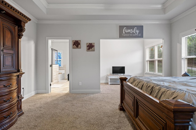 9726 Haven Port Ln, Ooltewah, TN 37363 - bedroom featuring light colored carpet, ornamental molding, ensuite bath, a tray ceiling, and baseboards