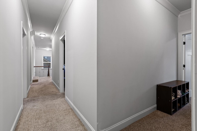 9726 Haven Port Ln, Ooltewah, TN 37363 - hall featuring carpet flooring, crown molding, an upstairs landing, and baseboards