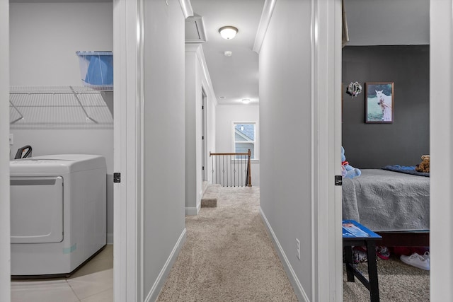9726 Haven Port Ln, Ooltewah, TN 37363 - hall with light carpet, baseboards, and independent washer and dryer