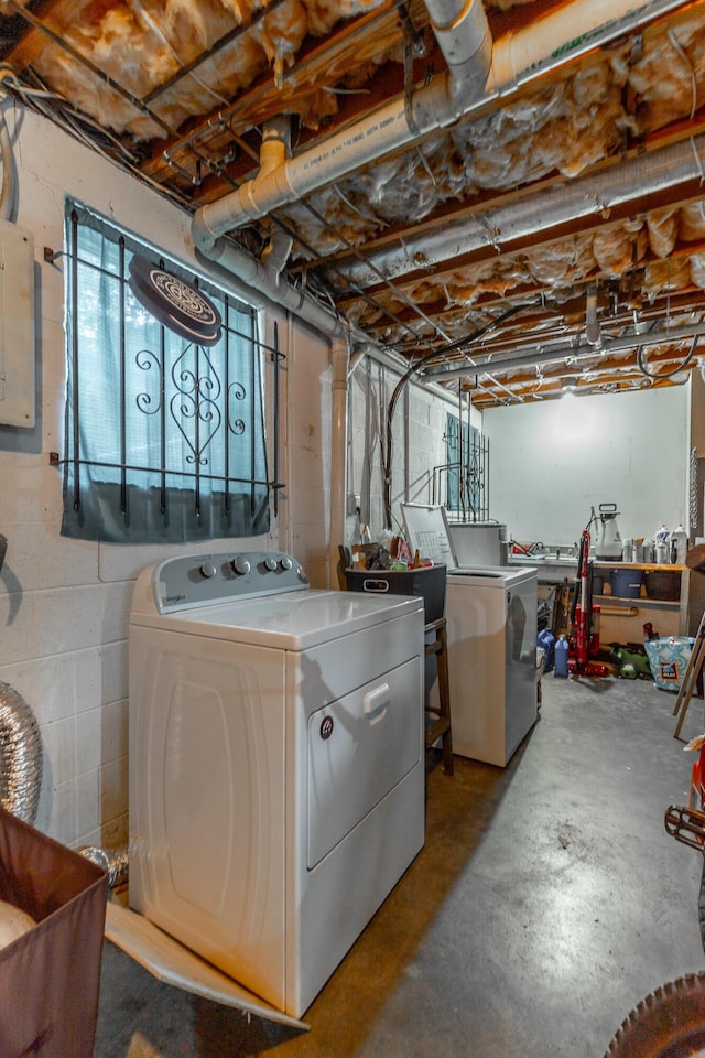 washroom featuring electric panel, concrete block wall, laundry area, and washer and clothes dryer
