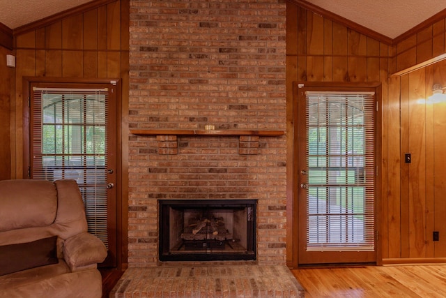 living area featuring a fireplace, wood walls, wood finished floors, and lofted ceiling