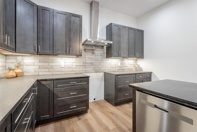 2111 Ivy St, Chattanooga, TN 37404 - kitchen featuring light wood-style floors, wall chimney exhaust hood, dishwasher, and tasteful backsplash