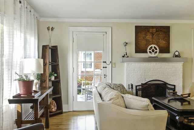interior space featuring ornamental molding, wood finished floors, and a fireplace