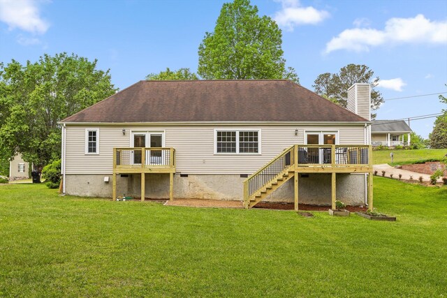 7403 Flagstone Dr, Ooltewah, TN 37363 - rear view of property featuring a wooden deck, a chimney, stairs, a shingled roof, and a yard