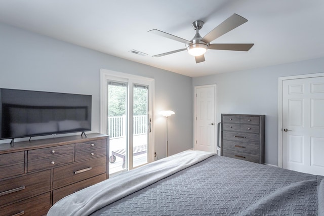 bedroom with visible vents, ceiling fan, and access to exterior