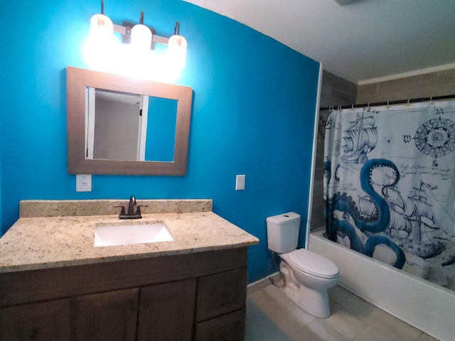 bathroom with vanity, toilet, and shower / bathtub combination with curtain