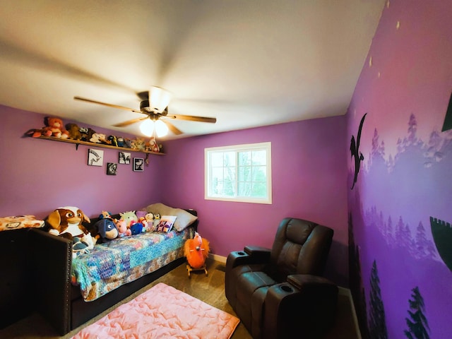 bedroom featuring baseboards, carpet flooring, and a ceiling fan