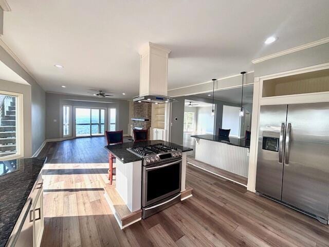 kitchen featuring appliances with stainless steel finishes, dark wood-type flooring, island exhaust hood, and open floor plan