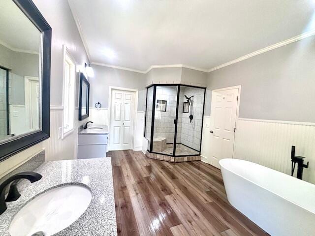full bath featuring ornamental molding, wainscoting, wood finished floors, a sink, and a stall shower