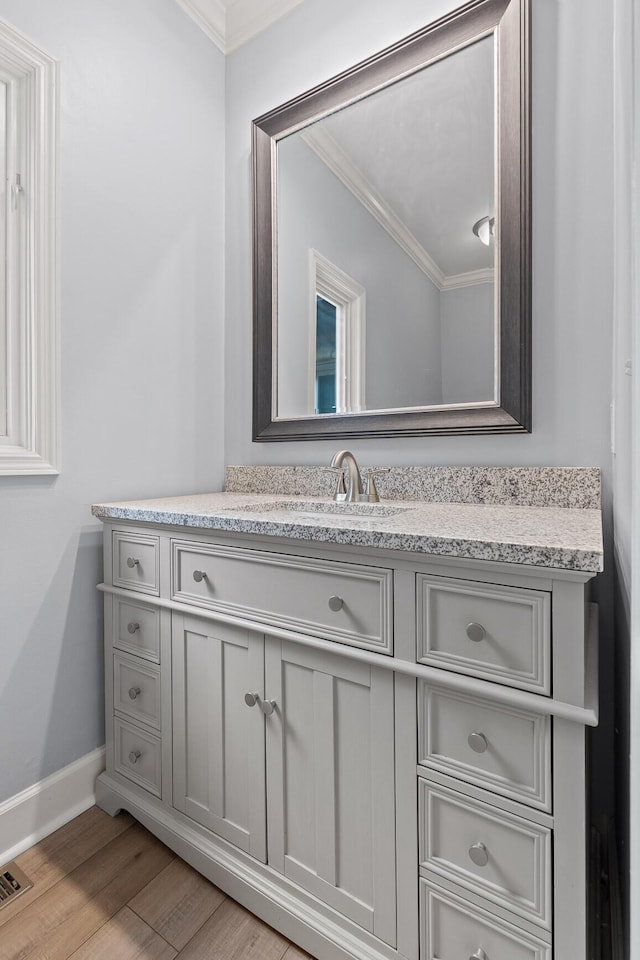1206 Lower Brow Rd, Signal Mountain, TN 37377 - bathroom with ornamental molding, wood finished floors, baseboards, and vanity