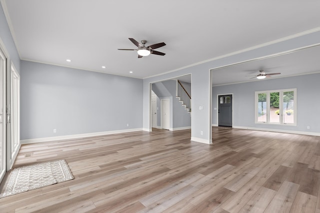 1206 Lower Brow Rd, Signal Mountain, TN 37377 - unfurnished living room with a ceiling fan, crown molding, stairway, baseboards, and recessed lighting