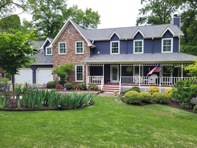 9619 Mountain Shadows Dr, Chattanooga, TN 37421 - view of front of house with an attached garage, a front yard, a chimney, a shingled roof, and a porch