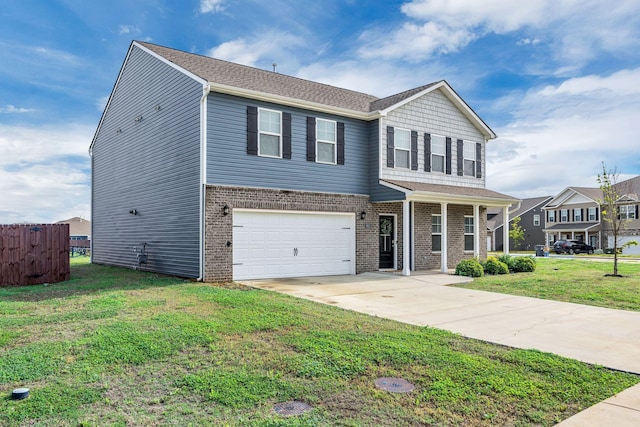 view of front of house with a front yard, a garage, brick siding, fence, and concrete driveway