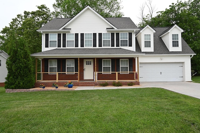 colonial house with a shingled roof, concrete driveway, a porch, and a front yard